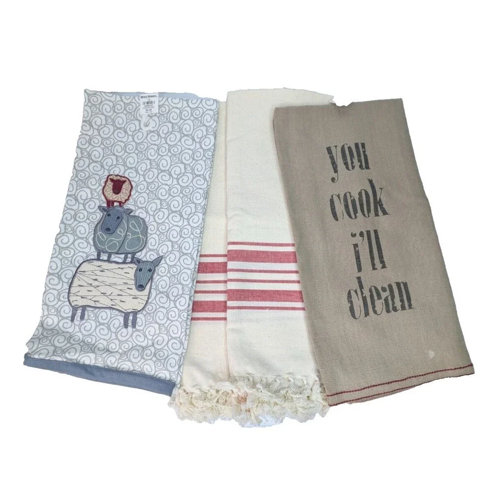NEW Lot of 4 World Market Kitchen Towels Dish Dry Hand Farmhouse Cottage Sheep